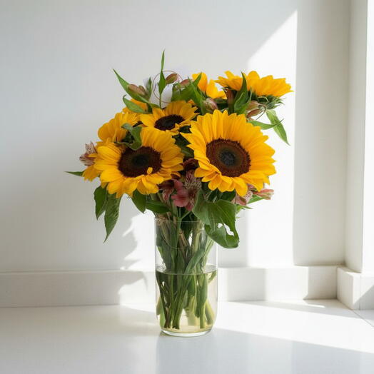 Ramo de Girasoles con Astromelias Rosas en Florero de Cristal – Bouquet Natural
