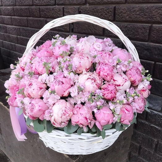 Корзина из 51 пиона и маттиолы