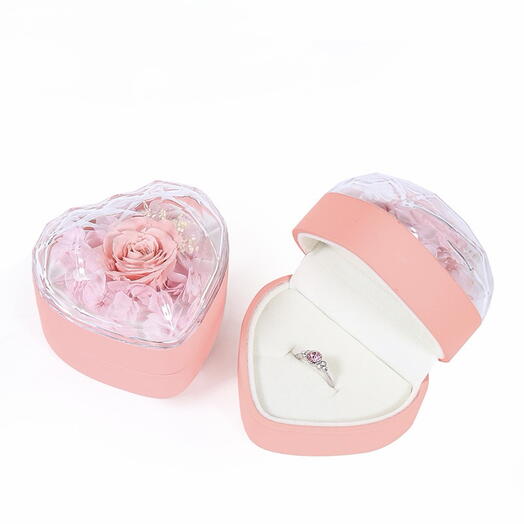 Real preserved Rose flowers in a box with complimentary ring
