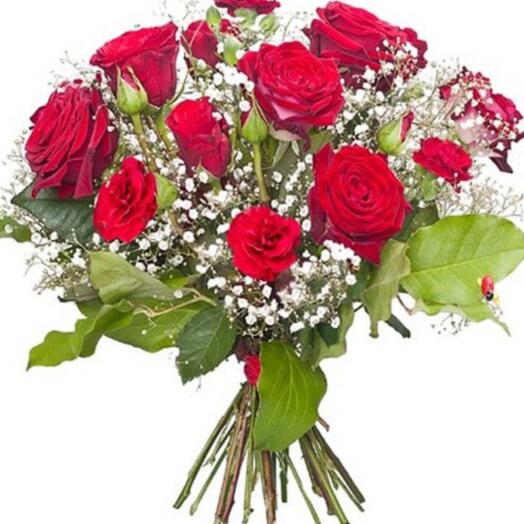 Bouquet of red roses with gypsophila