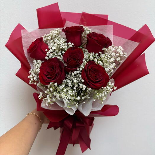 Amour - Red Roses   Baby Breath bouquet