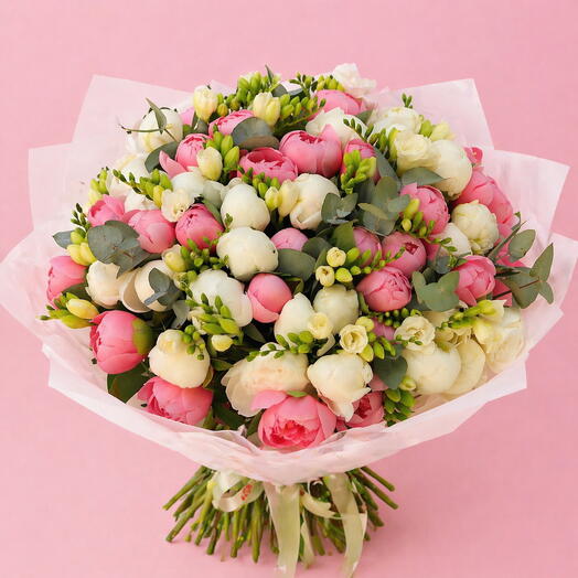 Pfingstrosen mit Fresia und Evkalipt