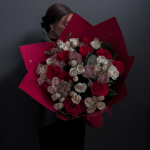 Red Symphony (red roses, riceflower, spray roses)