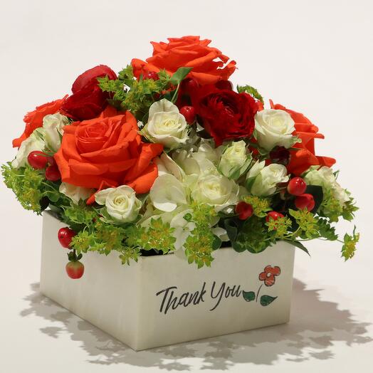 Thank You Box, filled with beautiful Roses in red, orange and cream