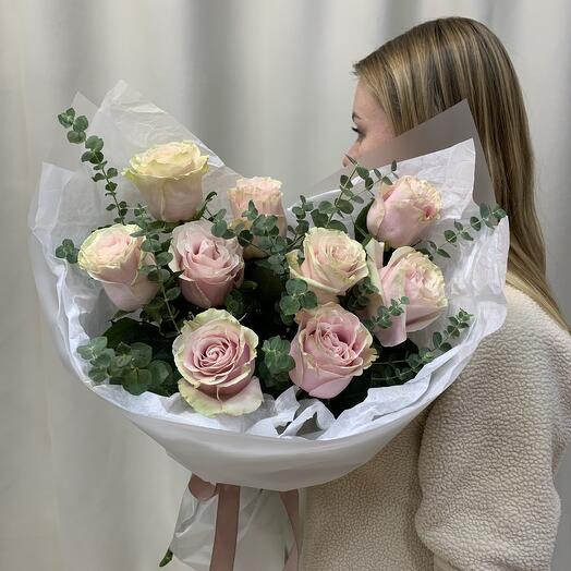 Roses pink with eucalyptus