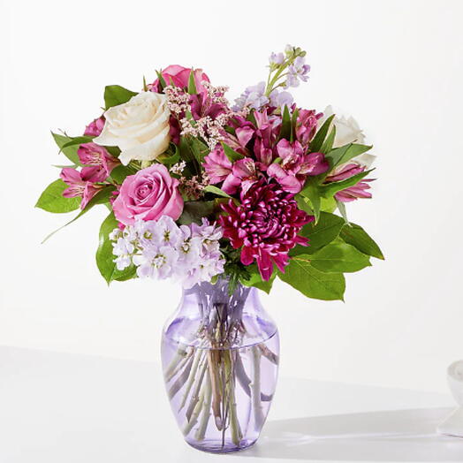 Amethyst Dreams Bouquet (mums, stock, alstro, rose + vase)