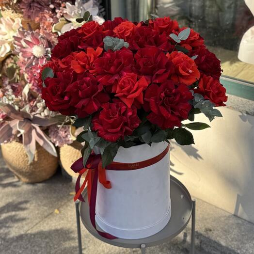 A box of red French roses