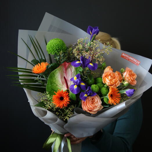 Bouquet with Anthurium, peony roses, chrysanthemums, gerberas and irises