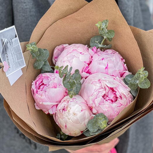 5 Pink Peonies With Eucalyptus