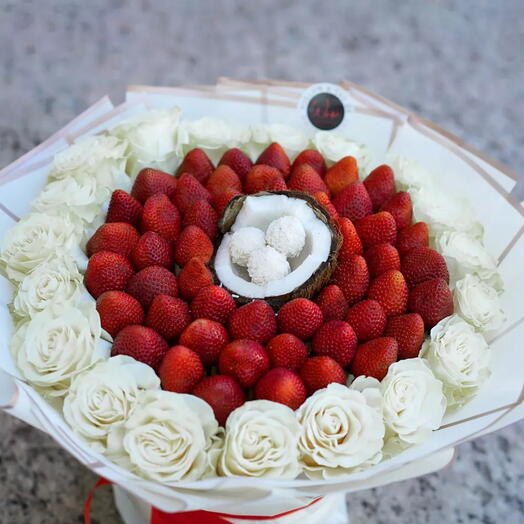 Roses with Coconut – Fruit Arrangement with Strawberries and Roses