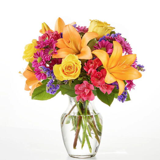 Colorful Visions Bouquet (lily, rose, alstro, mum + vase)