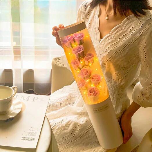 Elegant Pink Rose Bouquet in a Box with LED Lights