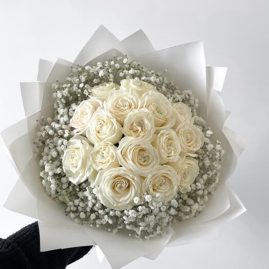 21 white roses with gypsophila