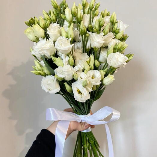 Eustoma with ribbon + vase