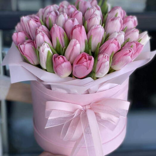 51 Pink Tulips in a Flower Box