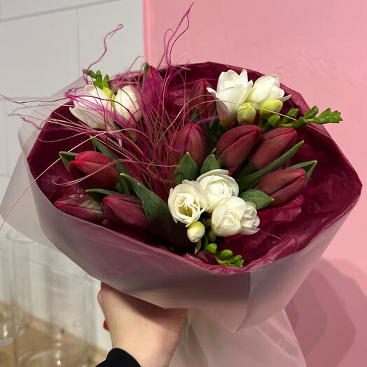 Bouquet of tulips with freesias