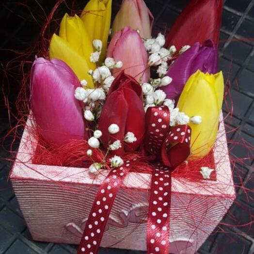 Tulips in a wooden box