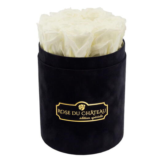 Roses Éternelles Blanches dans une Petite Boîte Noire Flockée