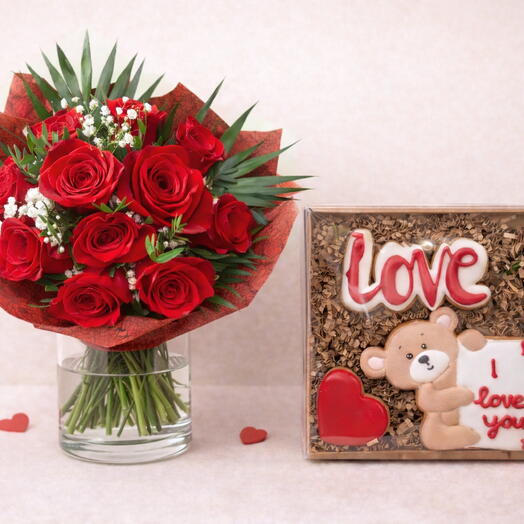 Love Message (11-Stem Rose Bouquet) with Small Handmade Gingerbread Gift Set