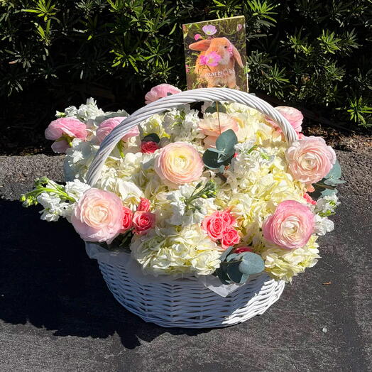 Her Smile Basket - Ranunculus, Hydrangea, Spray Roses, Stock, Eucalyptus