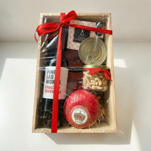 Caja Arcon Gourmet con Vino Tinto, Jamon Serrano y Queso Edam Premium