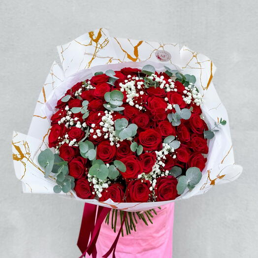 Red roses with gypsophila and eucalyptus