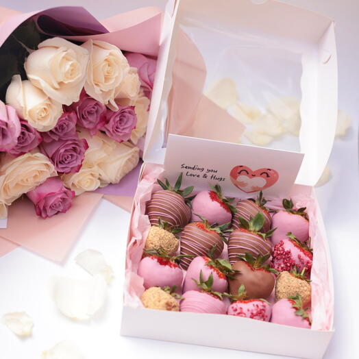 CHOCOLATE-COVERED STRAWBERRIES AND FLOWERS GIFT SET – LUXURY SWEET GIFT