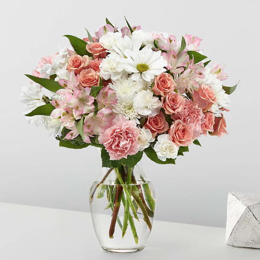 Blush Crush Bouquet (Pastel roses, mums, alstro + vase)