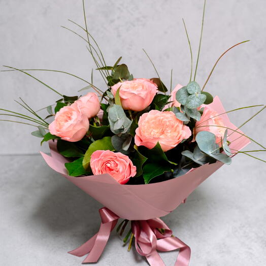 Bouquet with Soft Pink Roses, Eucalyptus