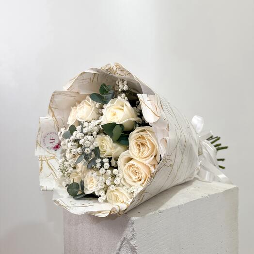 White roses with gypsophila and eucalyptus