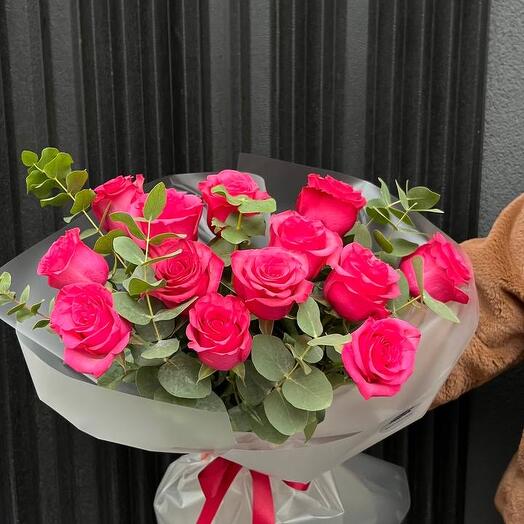 13 roses with eucalyptus