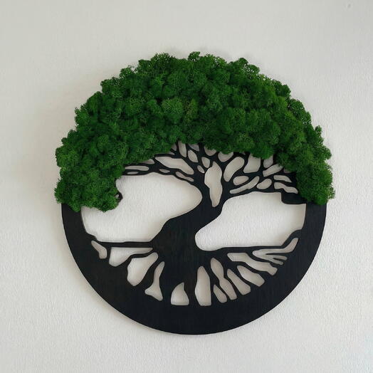 Tree of Life Wall Art with Preserved Moss (30 cm) — Black Wooden Round Panel, Handmade Nature Decor