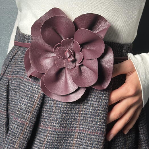 Пояс цветок из натуральной кожи; цвет Бордо