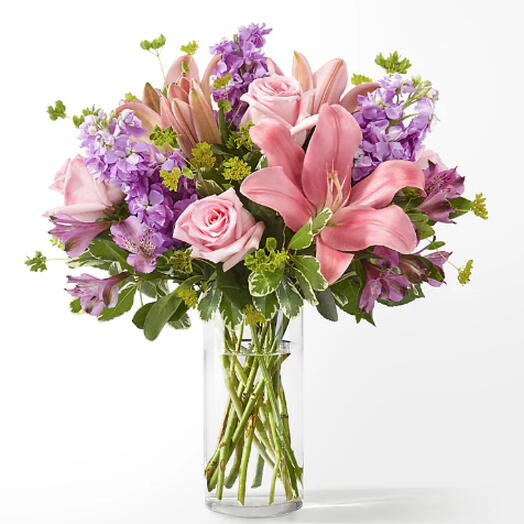 Precious Petals Bouquet (lily, stock, rose, alstro + vase)