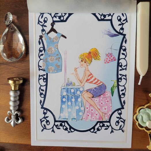 Greeting card with velum girl in striped top w