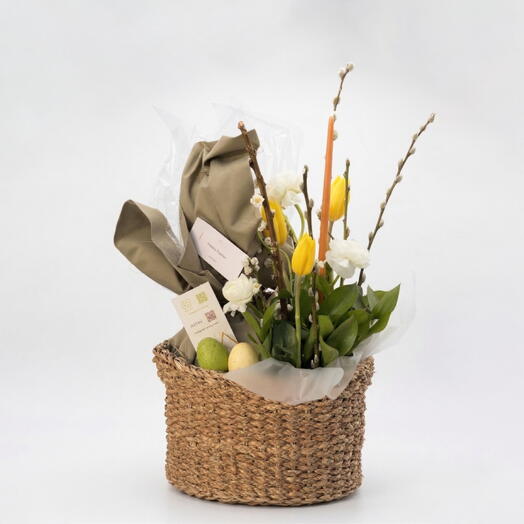 Easter basket with Kulich (Yellow tulips, Willow)