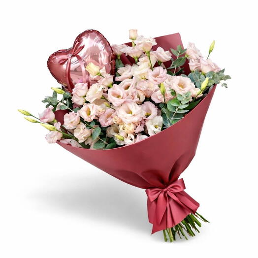 Bouquet of pink eustoma with heart balloon