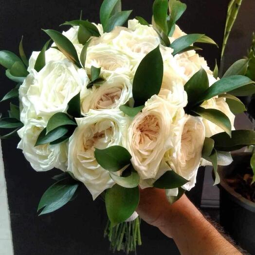 31 white roses with greenery