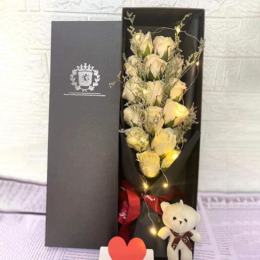 🌼 Elegant Beige Rose Gift Box with LED Light, Teddy   Card 🎁 | 16 Roses in 18x5 Box