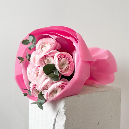 Pink Ranunculus bouquet with eucalyptus