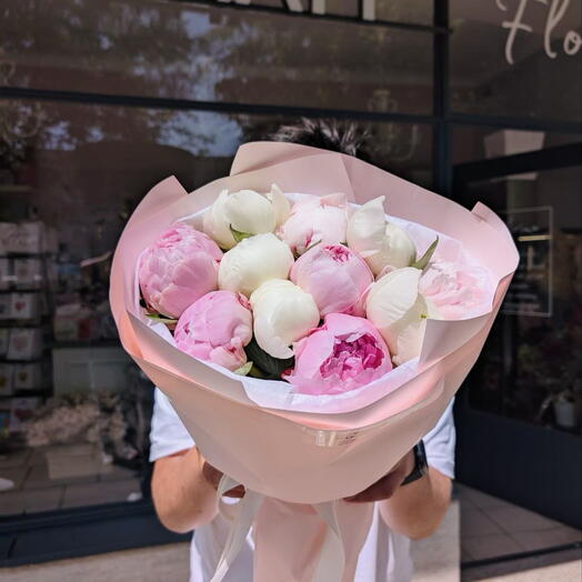 Bouquet di peonie rosa e bianche, 11 pezzi