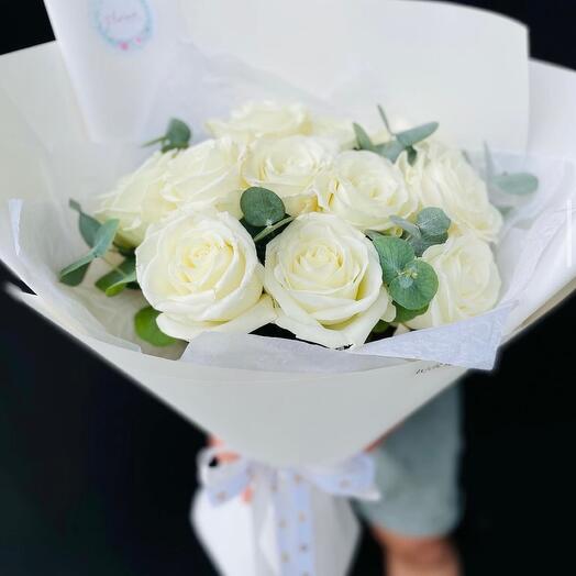 Ariel bouquet of white roses and eucalyptus