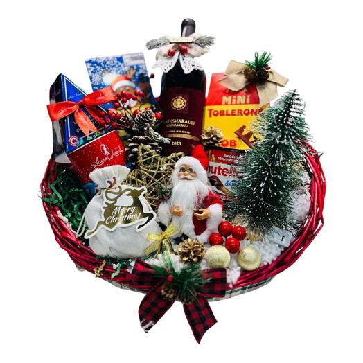 A breathtaking premium New year 🍷 wine, 🎅 Santa, 🍫 chocolates, 🍪 biscuits, 🌲 mini tree, golden decor, berries   Christmas