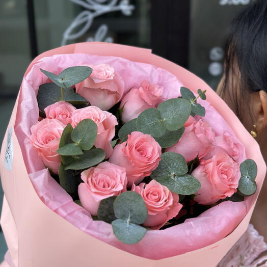 11 diana roses with eucalyptus