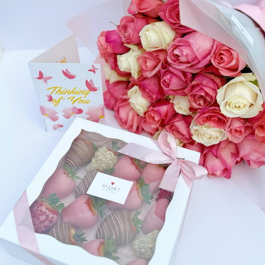 CHOCOLATE-COVERED STRAWBERRIES   ROSES BOUQUET – LUXURY SWEET   FLORAL GIFT WITH DELIVERY