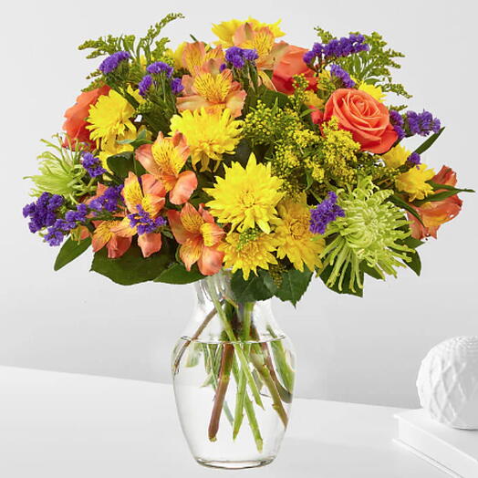 Marmalade Skies Bouquet (yellow mum, rose, alstro + vase)
