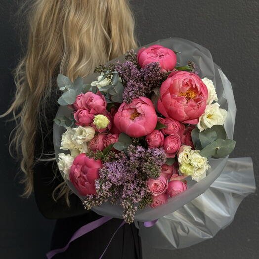 Bouquet of Coral Charm peonies, lilac, and lisianthus