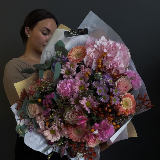 Purple Petal with hydrangea and eucalyptus