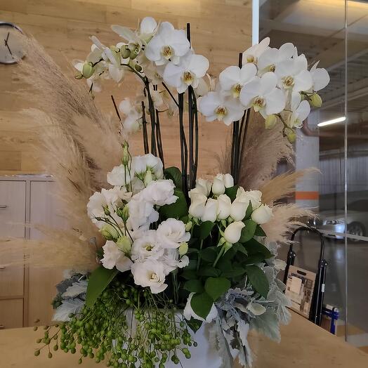 Arreglo floral de orquideas blancas doble vara