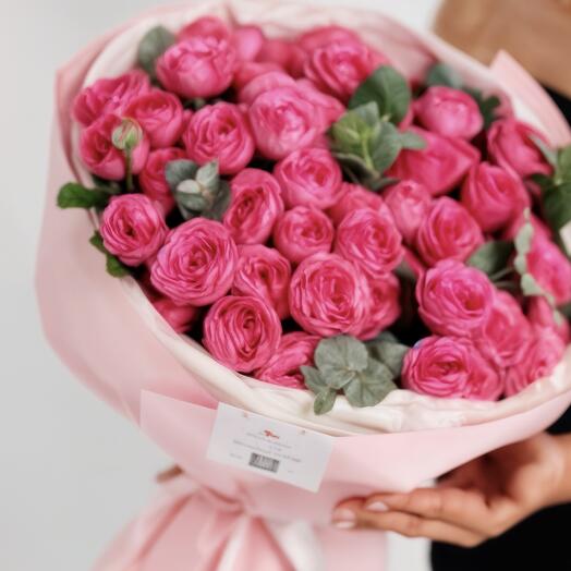 Duo bouquet with peony type fuchsia spray rose and eucalyptus